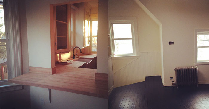 on left is the kitchen, on right is another view of the 3rd floor both in process of transformation